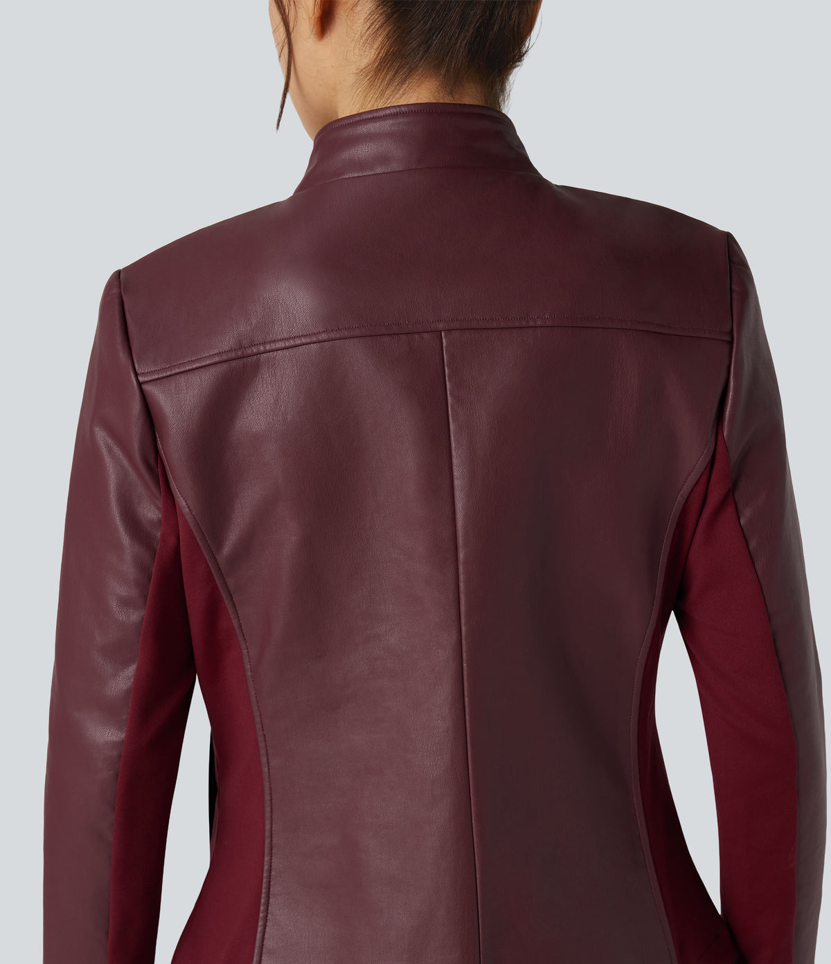 Stand Collar Zipper Long Sleeve Fleece Casual PU Faux Leather Jacket with Pockets — Red Mahogany — view 5