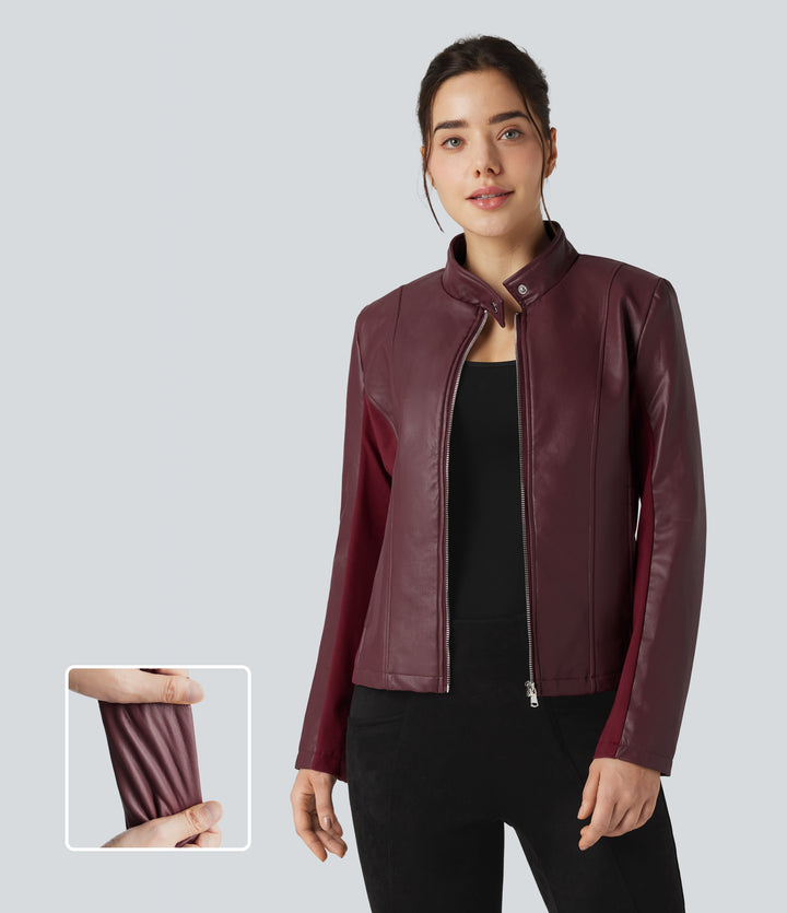 Stand Collar Zipper Long Sleeve Fleece Casual PU Faux Leather Jacket with Pockets — Red Mahogany — view 1
