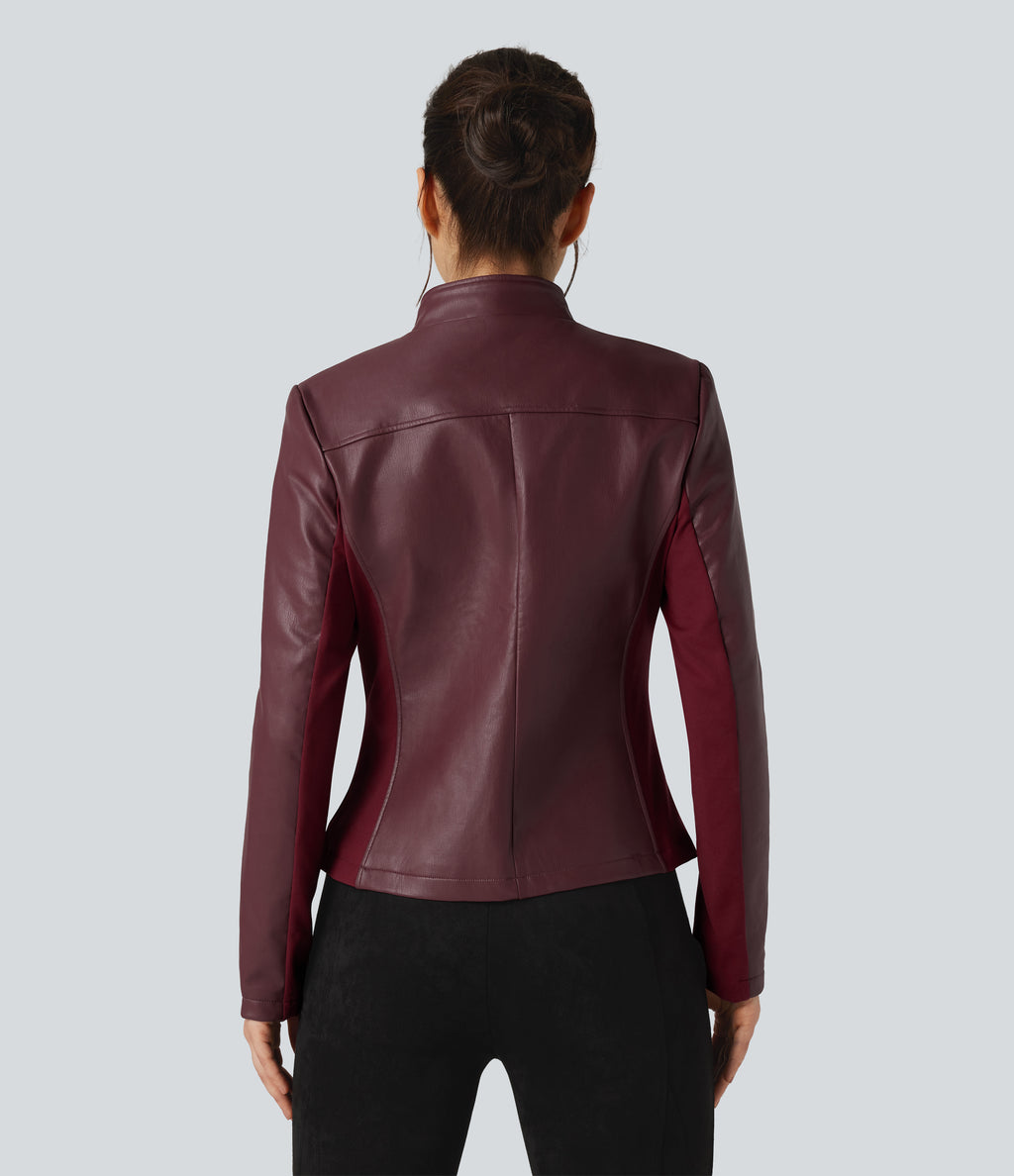 Stand Collar Zipper Long Sleeve Fleece Casual PU Faux Leather Jacket with Pockets — Red Mahogany — view 2