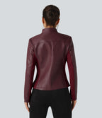 Stand Collar Zipper Long Sleeve Fleece Casual PU Faux Leather Jacket with Pockets — Red Mahogany — view 2