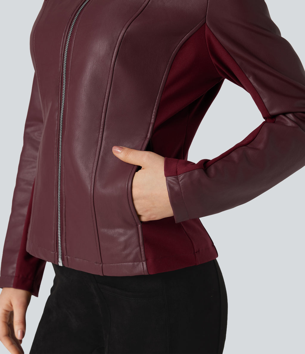 Stand Collar Zipper Long Sleeve Fleece Casual PU Faux Leather Jacket with Pockets — Red Mahogany — view 6