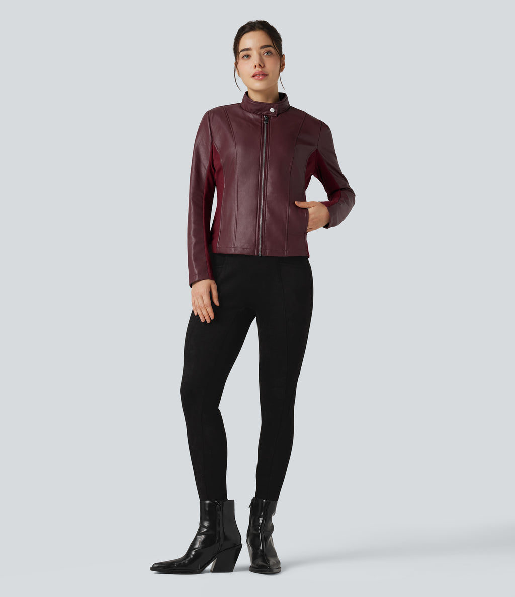 Stand Collar Zipper Long Sleeve Fleece Casual PU Faux Leather Jacket with Pockets — Red Mahogany — view 7