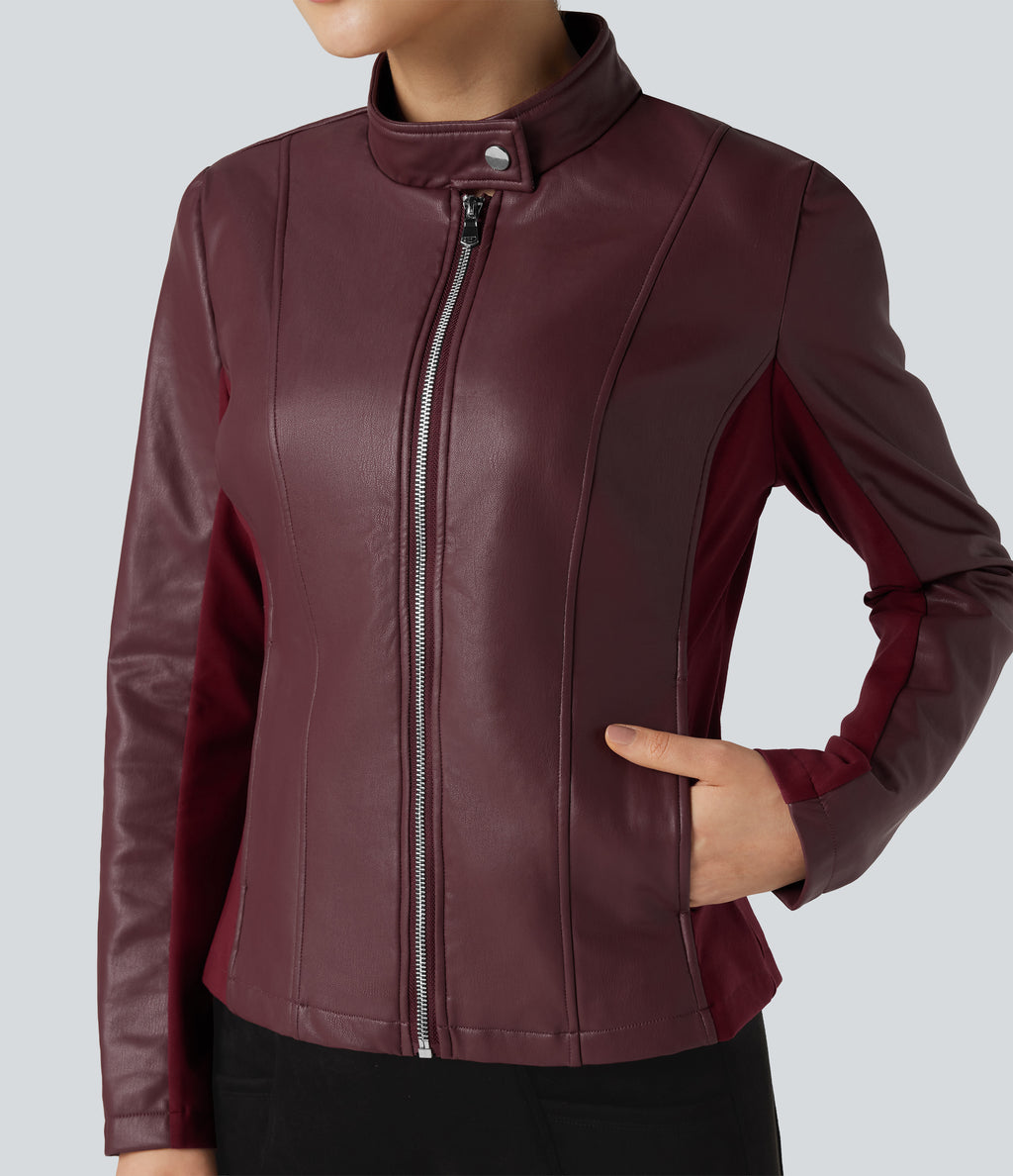 Stand Collar Zipper Long Sleeve Fleece Casual PU Faux Leather Jacket with Pockets — Red Mahogany — view 4