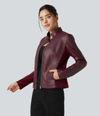 Stand Collar Zipper Long Sleeve Fleece Casual PU Faux Leather Jacket with Pockets — Red Mahogany — view 3