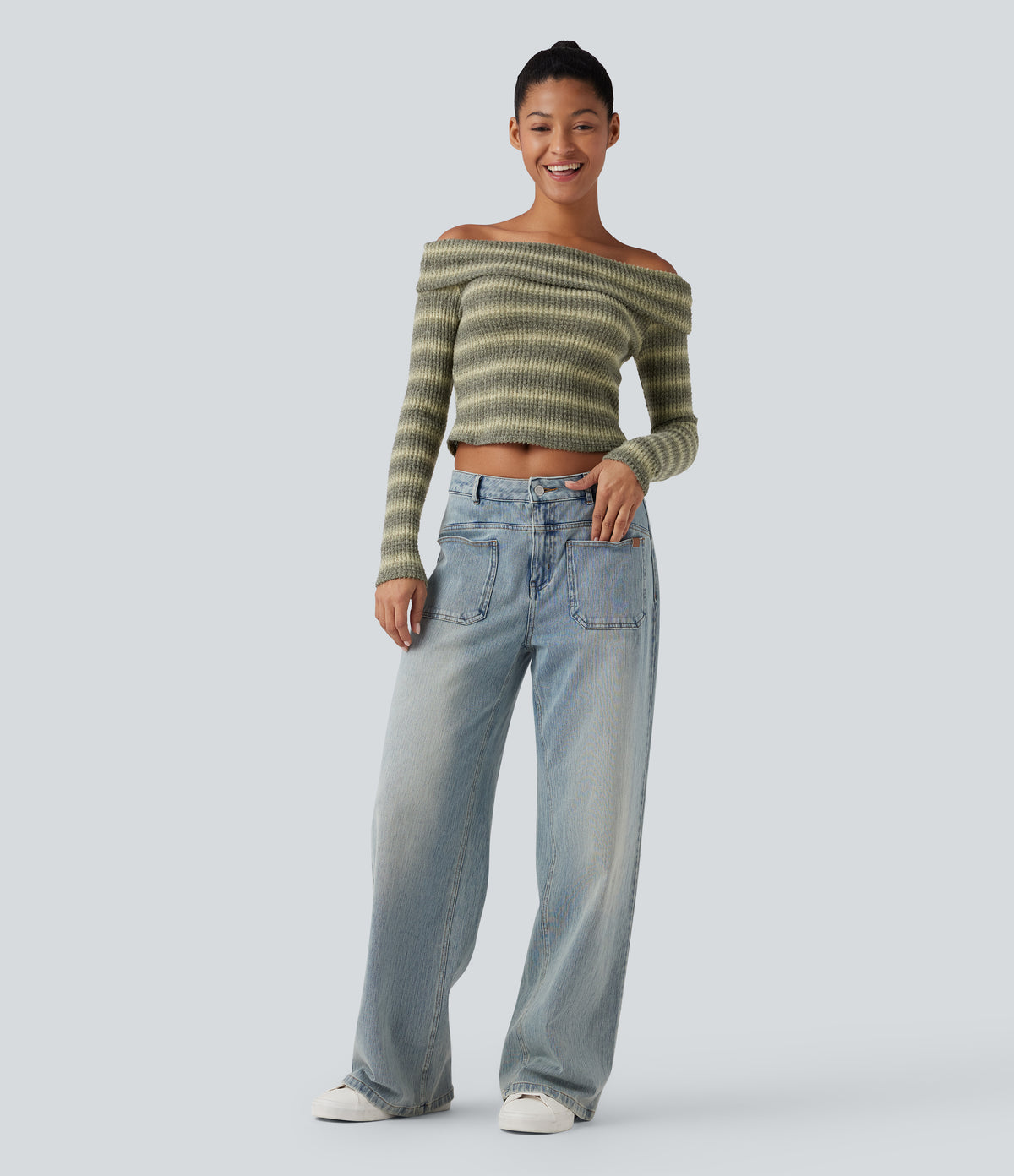 Foldover Off Shoulder Long Sleeve Waffle Gradient Stripe Casual Top — Duststorm Camo — view 5