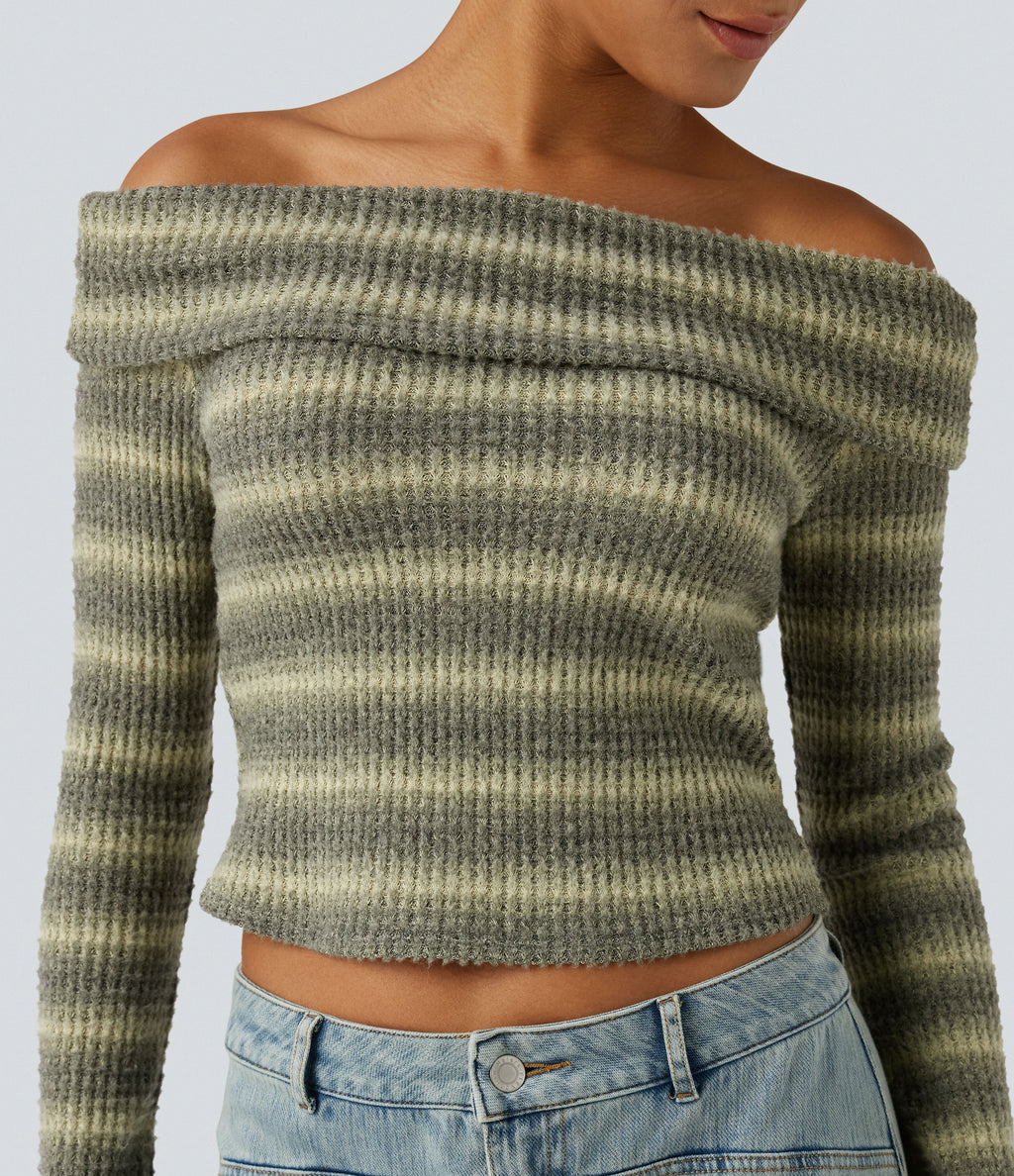Foldover Off Shoulder Long Sleeve Waffle Gradient Stripe Casual Top — Duststorm Camo — view 4