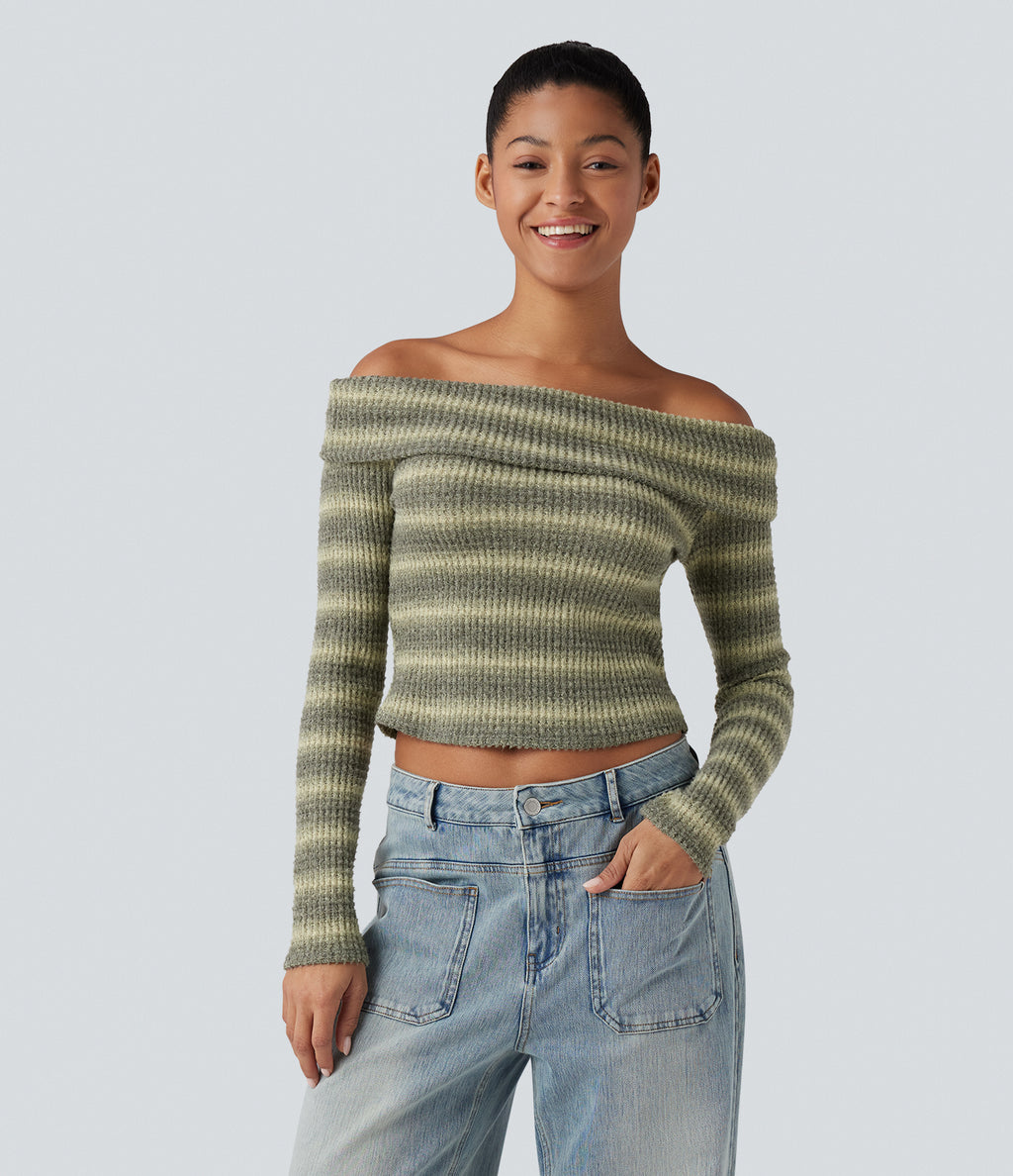 Foldover Off Shoulder Long Sleeve Waffle Gradient Stripe Casual Top — Duststorm Camo — view 1