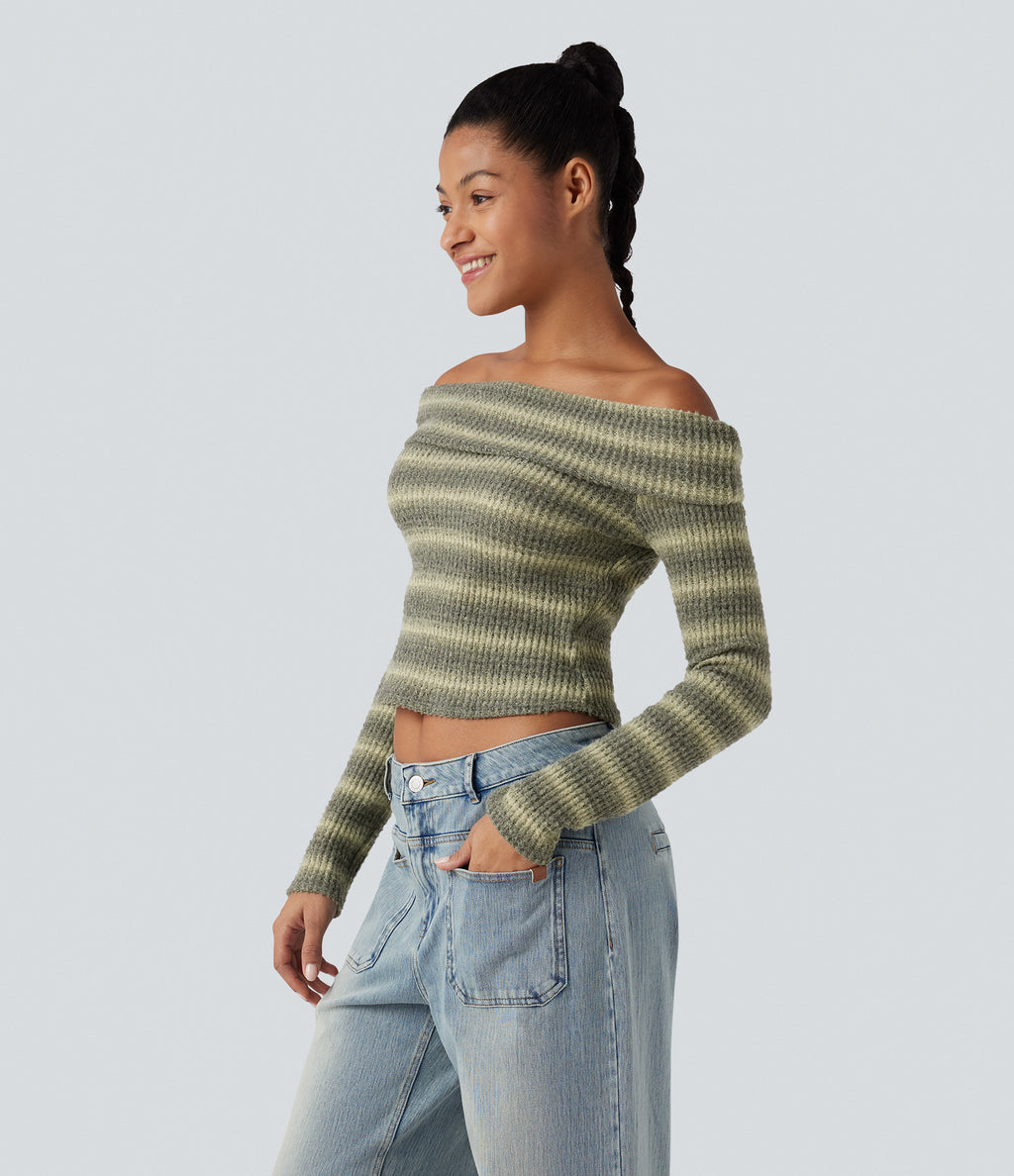 Foldover Off Shoulder Long Sleeve Waffle Gradient Stripe Casual Top — Duststorm Camo — view 3