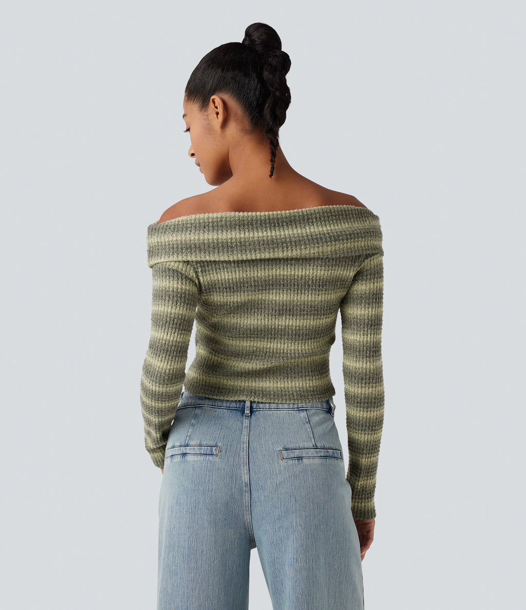 Foldover Off Shoulder Long Sleeve Waffle Gradient Stripe Casual Top — Duststorm Camo — view 2