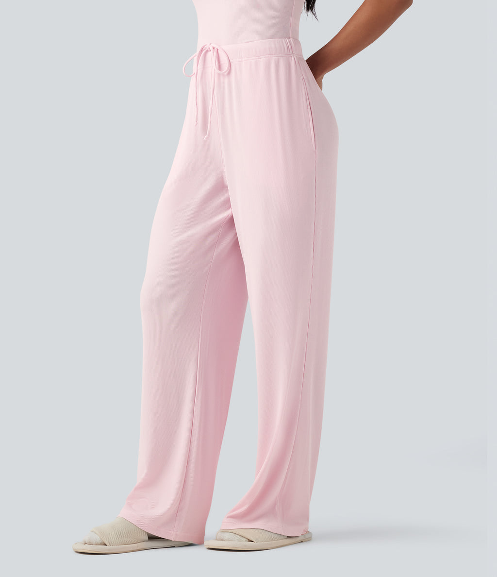 Ribbed Knit Mid Rise Drawstring Lounge Trousers with Pockets — Carinaria — view 3