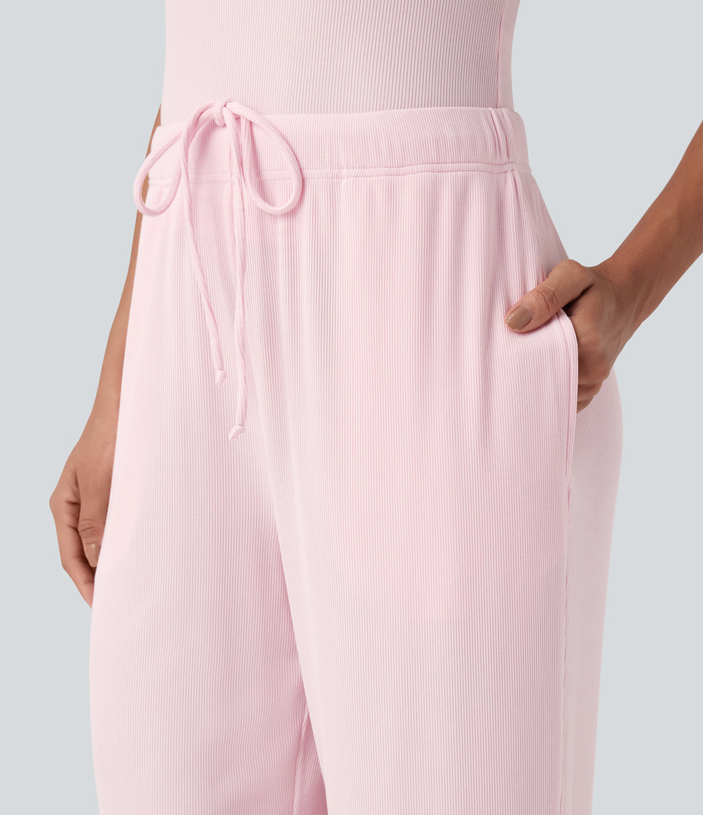 Ribbed Knit Mid Rise Drawstring Lounge Trousers with Pockets — Carinaria — view 4