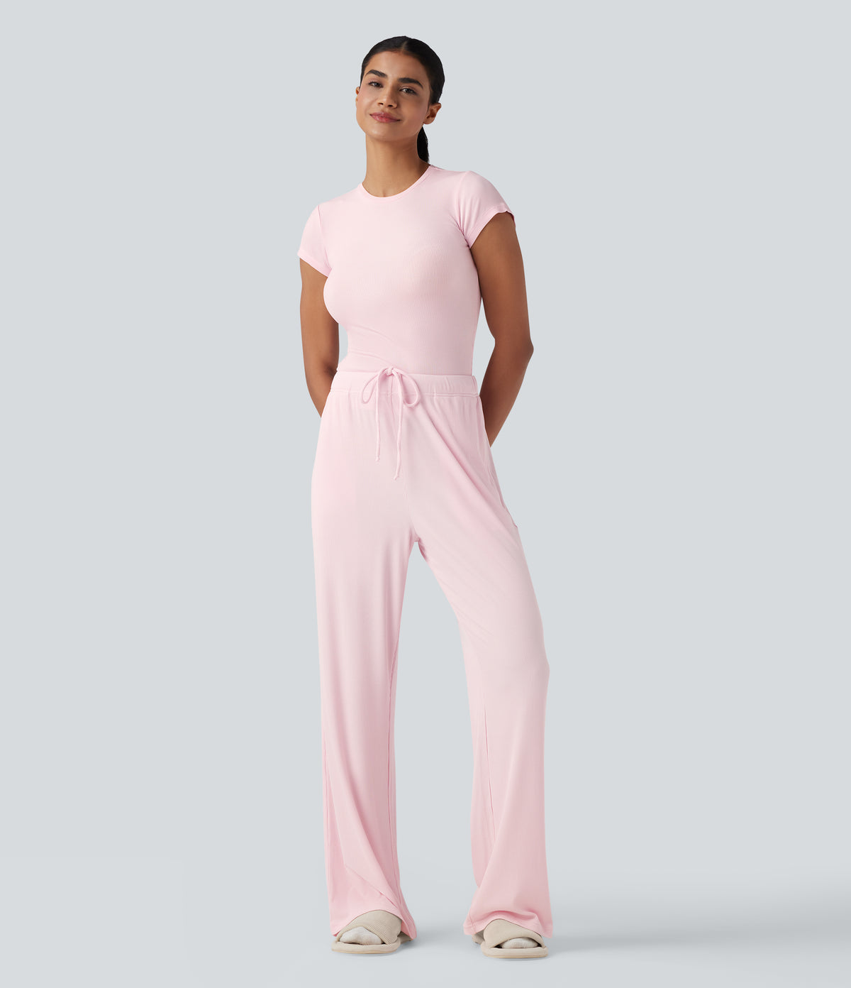Ribbed Knit Mid Rise Drawstring Lounge Trousers with Pockets — Carinaria — view 6