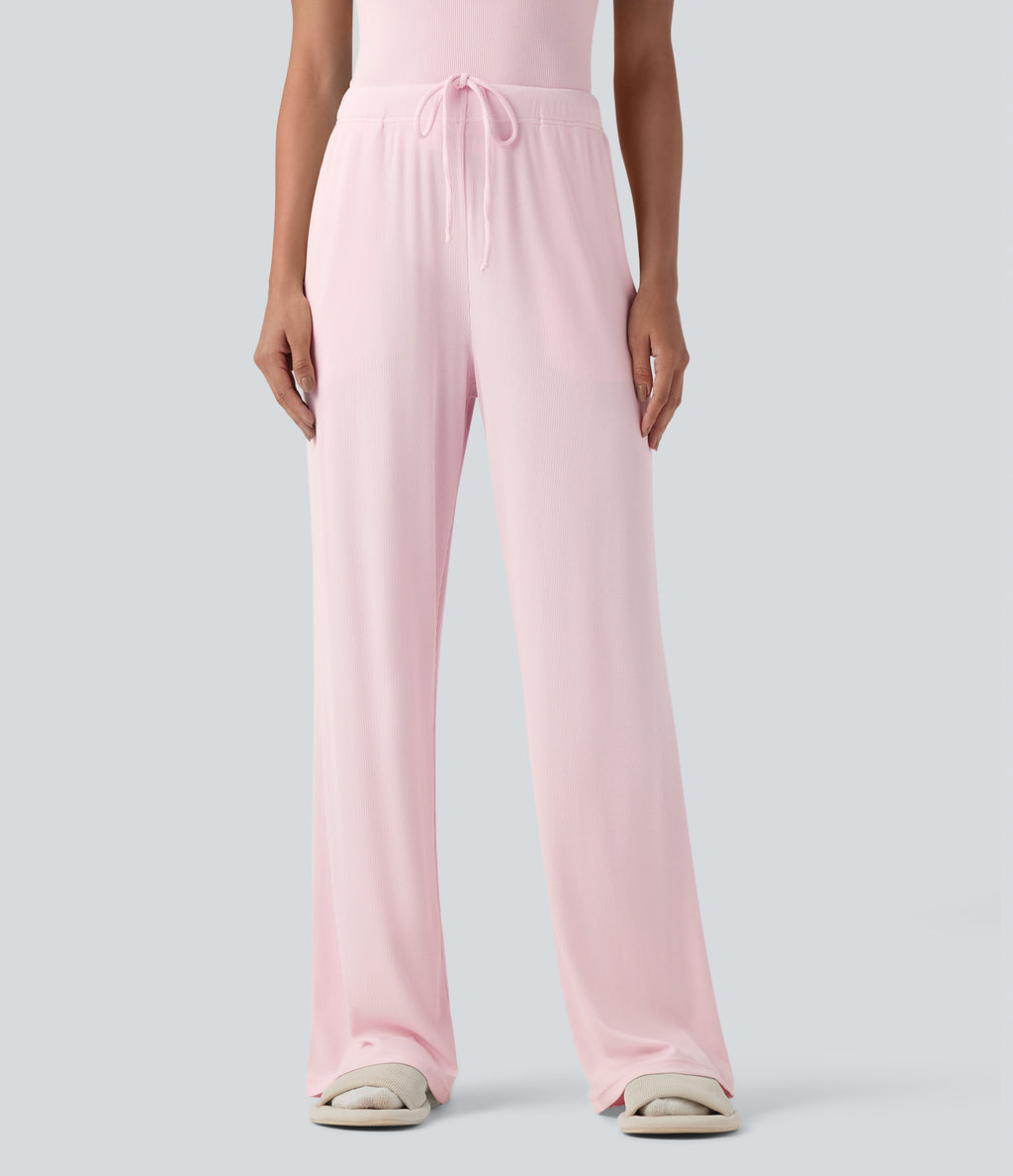 Ribbed Knit Mid Rise Drawstring Lounge Trousers with Pockets — Carinaria — view 1