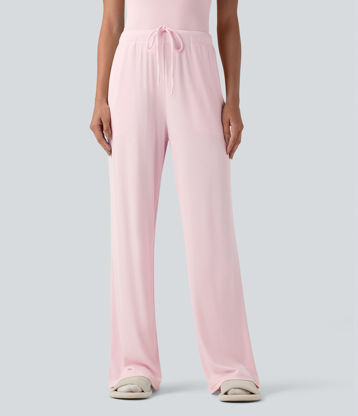 Ribbed Knit Mid Rise Drawstring Lounge Trousers with Pockets — Carinaria — view 1