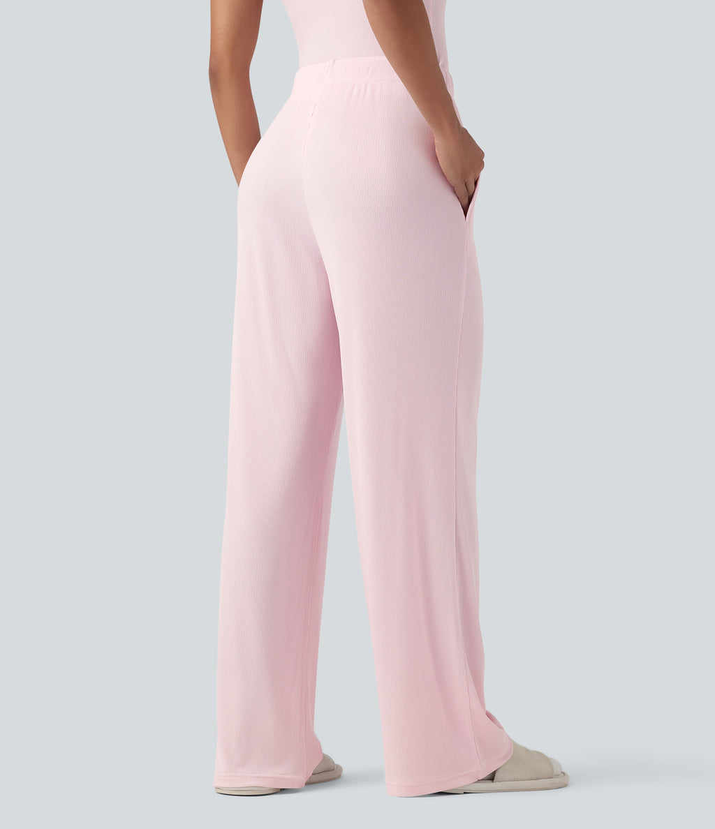 Ribbed Knit Mid Rise Drawstring Lounge Trousers with Pockets — Carinaria — view 2