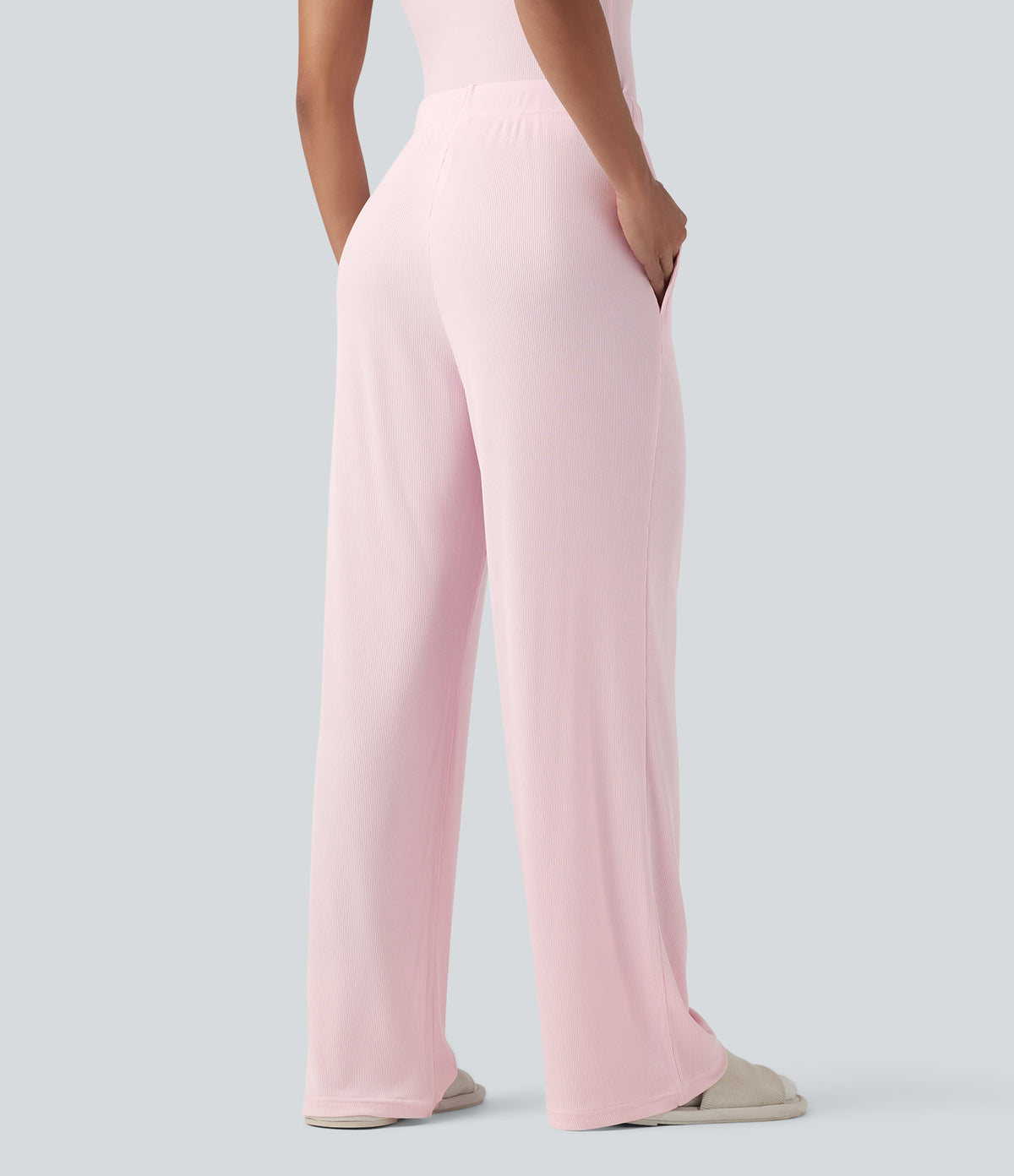 Ribbed Knit Mid Rise Drawstring Lounge Trousers with Pockets — Carinaria — view 2