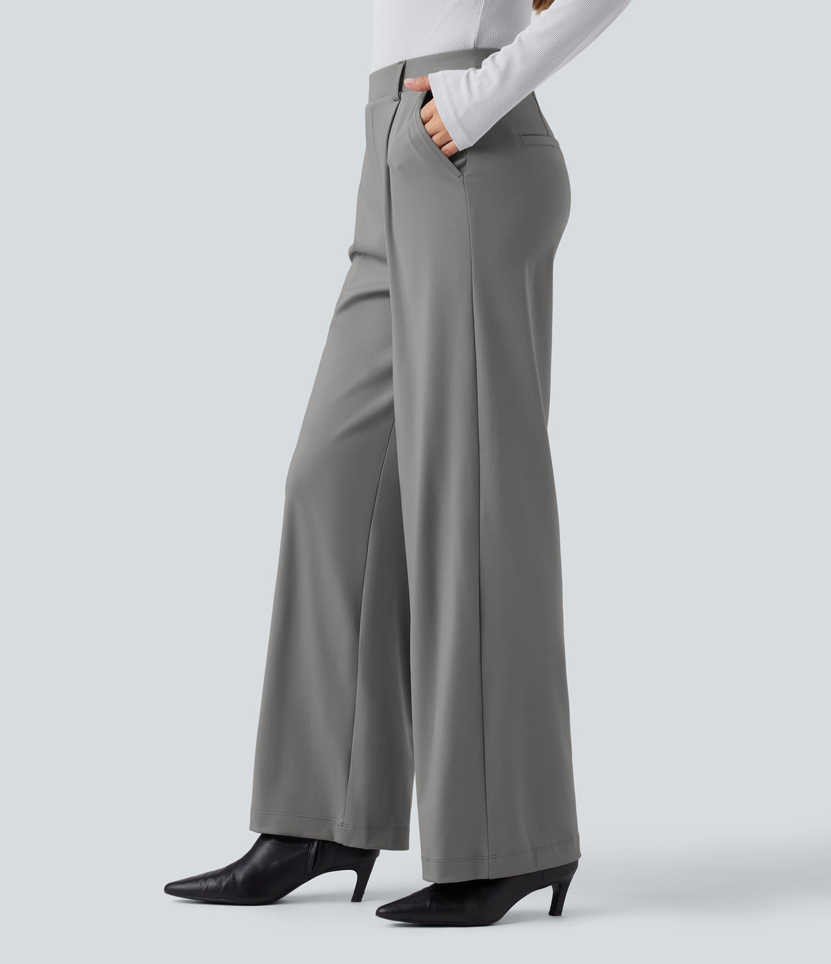 High Waisted Tummy Control Straight Leg Work Trousers with Pockets — Silent Storm — view 3