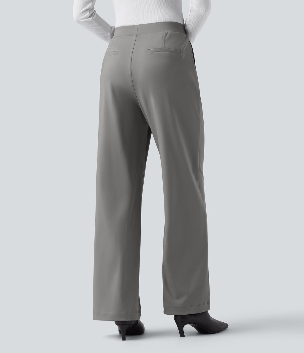 High Waisted Tummy Control Straight Leg Work Trousers with Pockets — Silent Storm — view 2