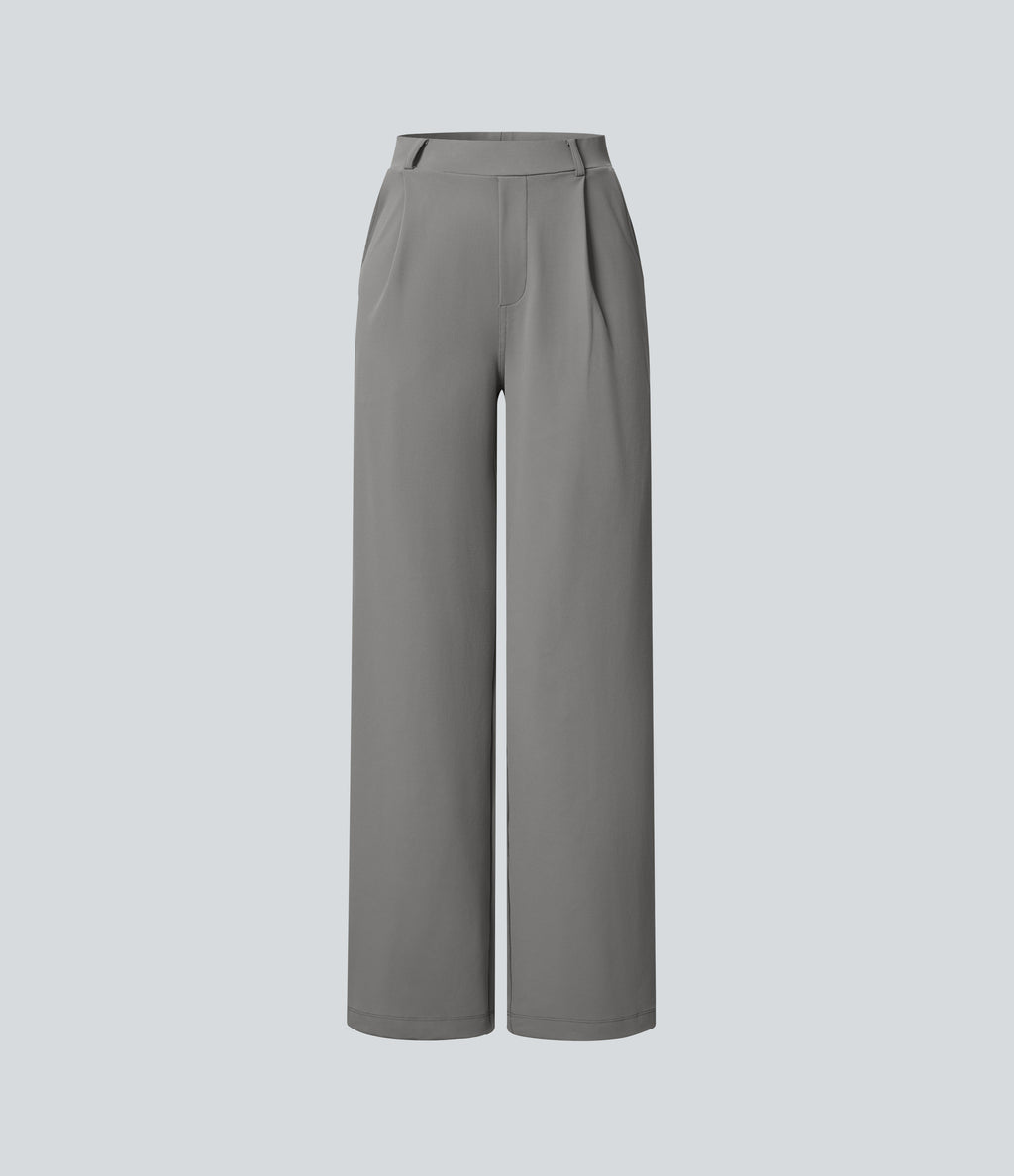 High Waisted Tummy Control Straight Leg Work Trousers with Pockets — Silent Storm — view 7