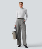 High Waisted Tummy Control Straight Leg Work Trousers with Pockets — Silent Storm — view 6