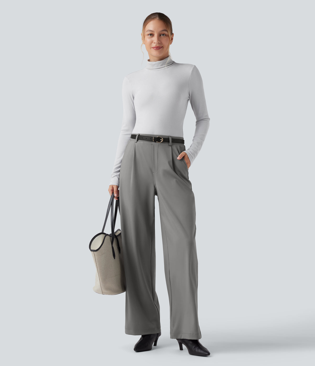 High Waisted Tummy Control Straight Leg Work Trousers with Pockets — Silent Storm — view 6