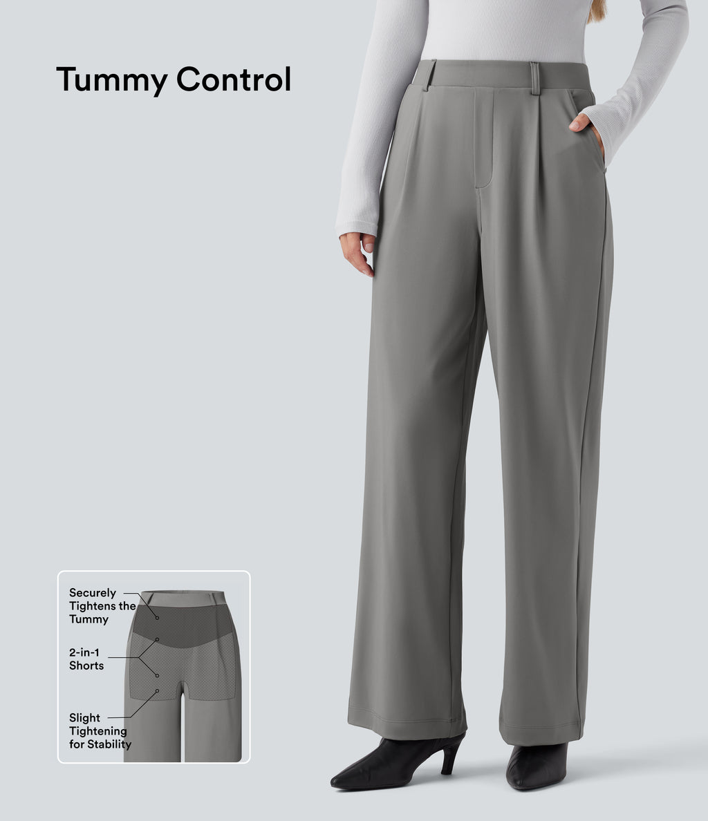 High Waisted Tummy Control Straight Leg Work Trousers with Pockets — Silent Storm — view 1