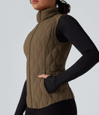 PuffFlex Packable High Neck Zipper Running Quilted Vest with Pockets — Chestnut Brown — view 6