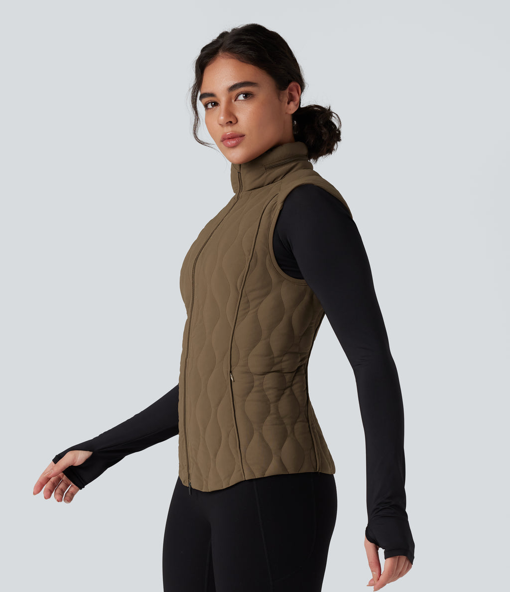 PuffFlex Packable High Neck Zipper Running Quilted Vest with Pockets — Chestnut Brown — view 4