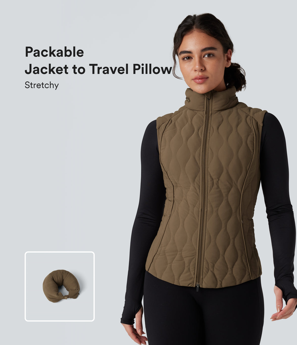 PuffFlex Packable High Neck Zipper Running Quilted Vest with Pockets — Chestnut Brown — view 1