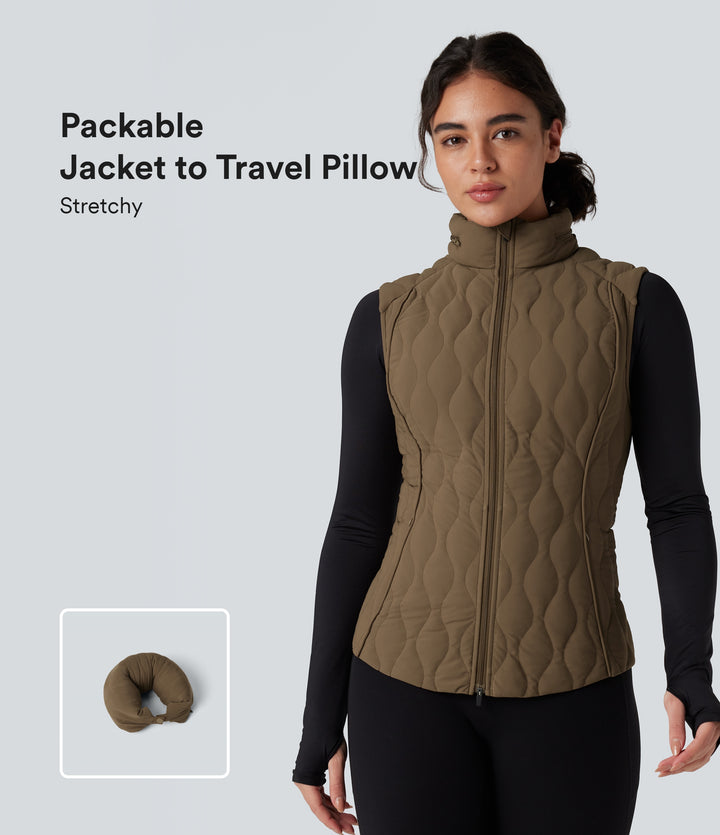 PuffFlex Packable High Neck Zipper Running Quilted Vest with Pockets — Chestnut Brown — view 1