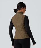 PuffFlex Packable High Neck Zipper Running Quilted Vest with Pockets — Chestnut Brown — view 3