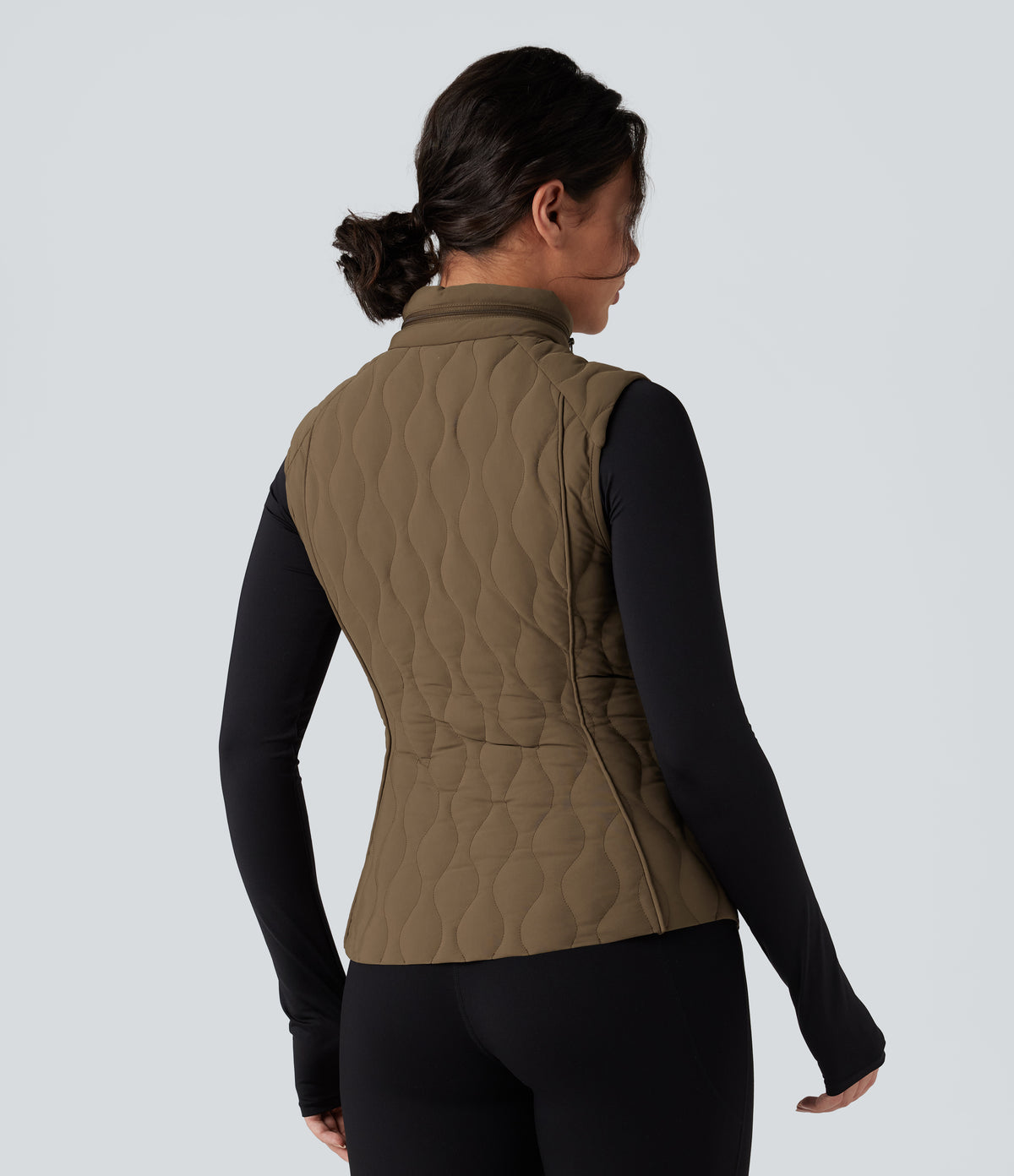PuffFlex Packable High Neck Zipper Running Quilted Vest with Pockets — Chestnut Brown — view 3