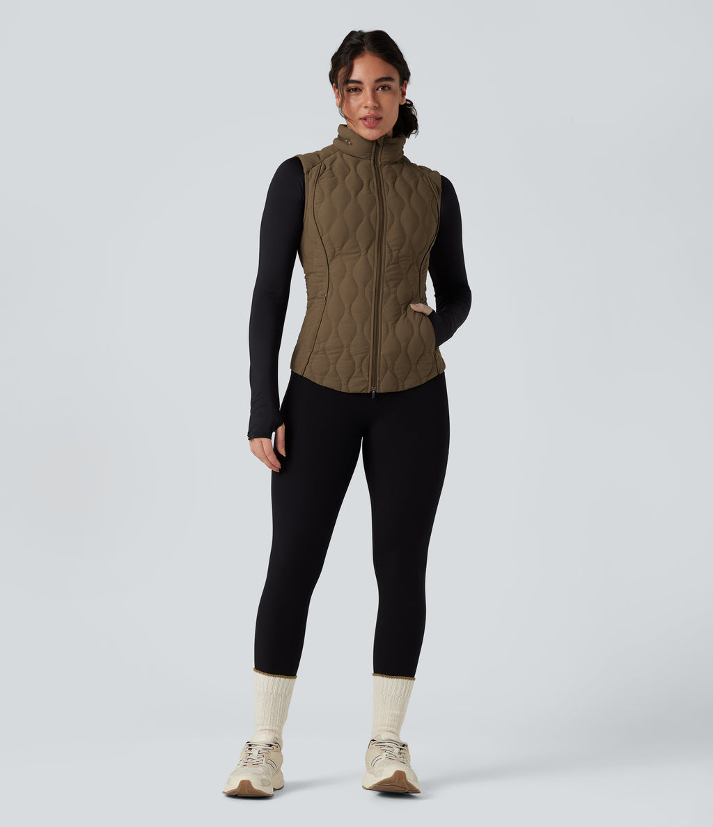 PuffFlex Packable High Neck Zipper Running Quilted Vest with Pockets — Chestnut Brown — view 7