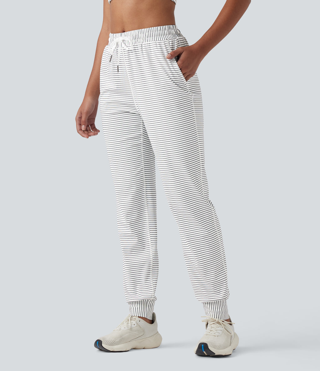 Mid Rise Drawstring Stripes Yoga Joggers with Pockets — Zebra Ripple — view 3