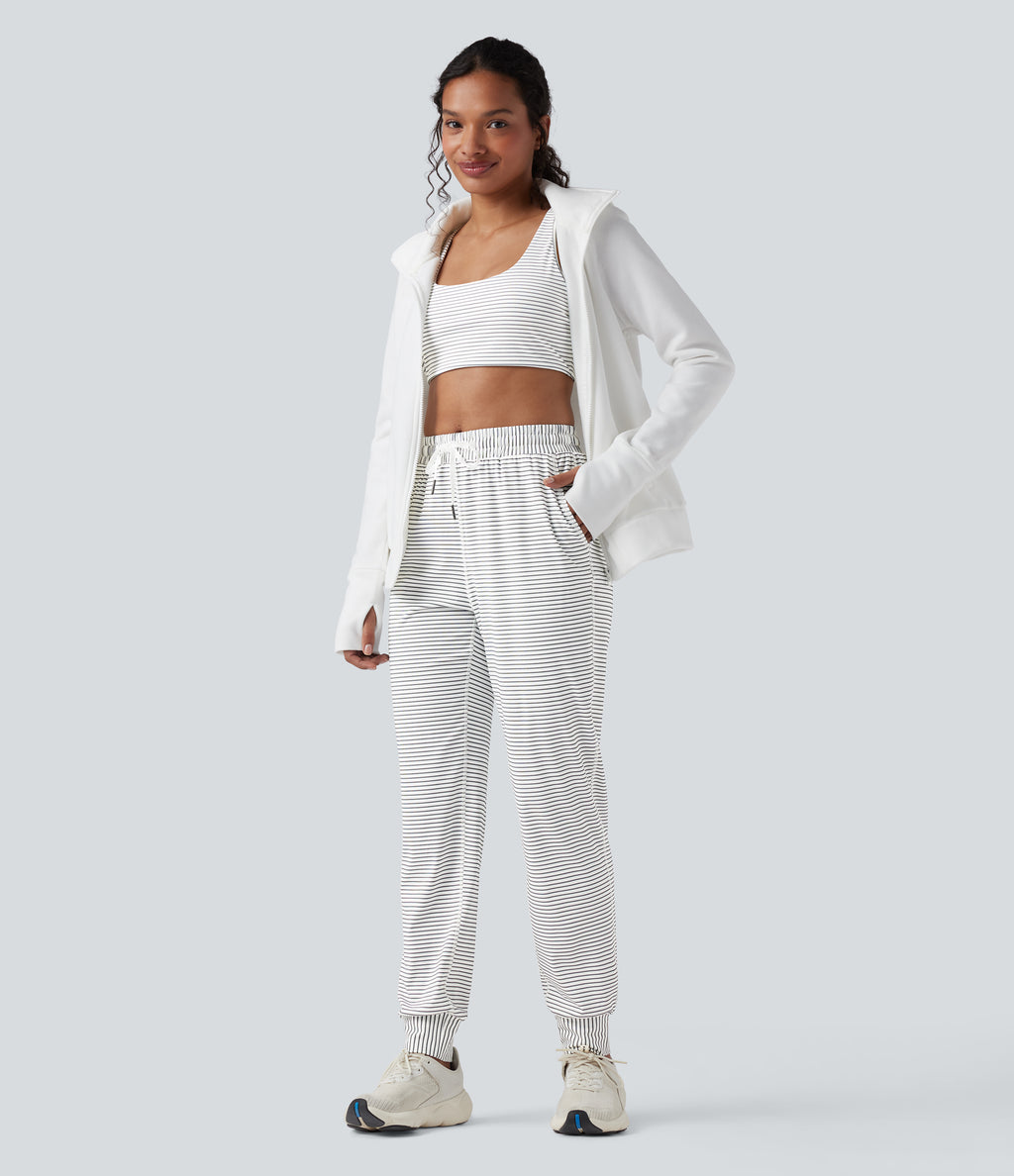 Mid Rise Drawstring Stripes Yoga Joggers with Pockets — Zebra Ripple — view 6