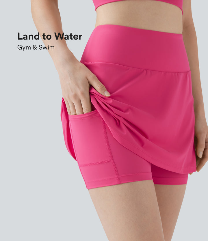 Land to Water High Waisted 2-in-1 Bikini Skirt Swimsuit with Pocket — Claret Red — view 1