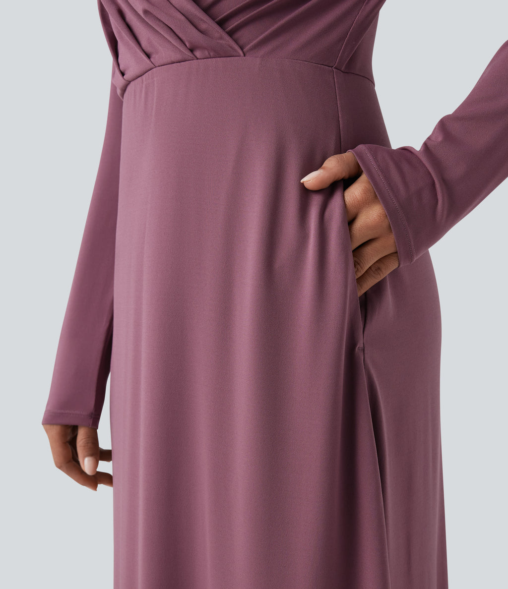 V-neck Long Sleeve Midi Work Dress with Pockets — Tulipwood — view 6