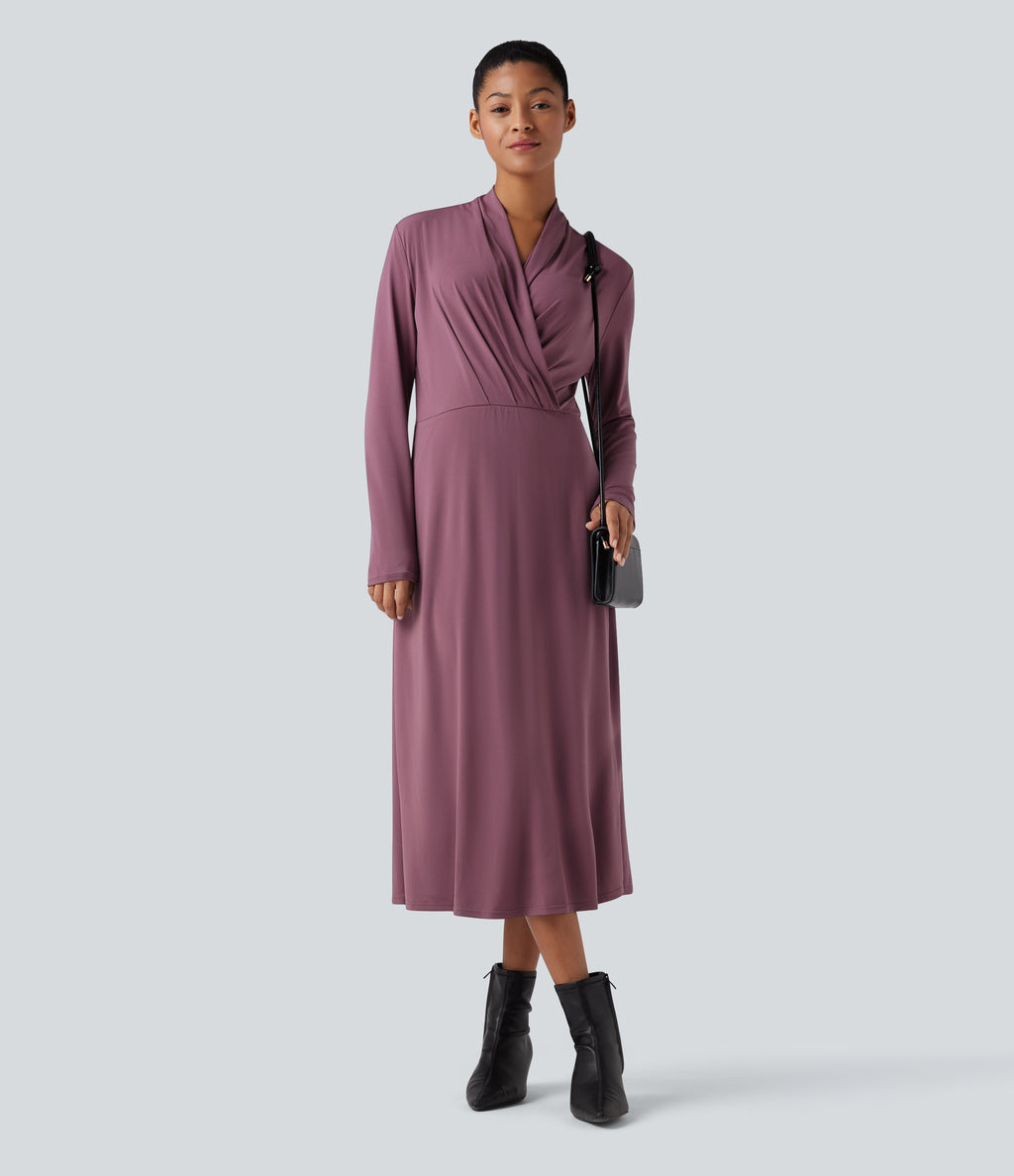 V-neck Long Sleeve Midi Work Dress with Pockets — Tulipwood — view 8