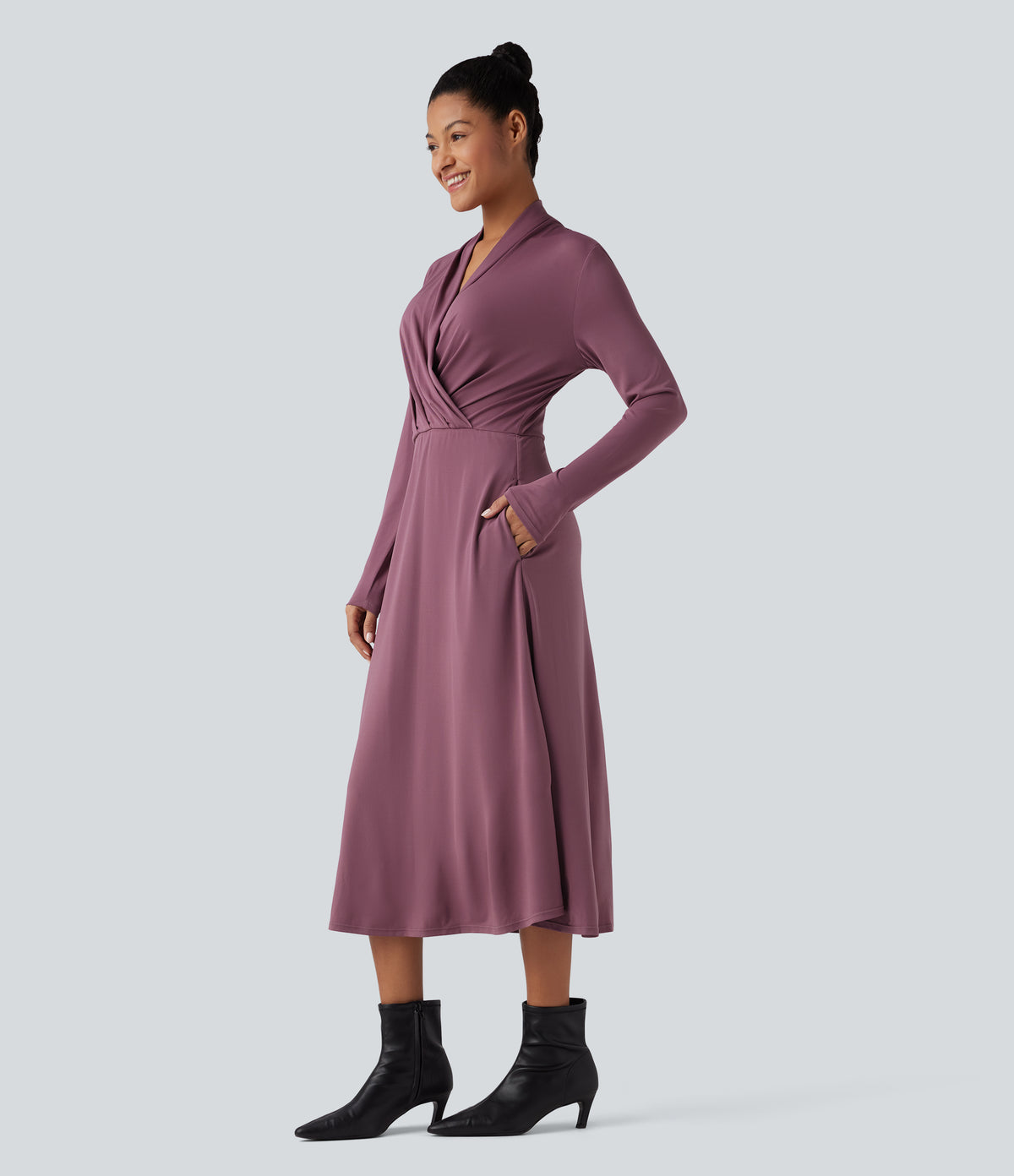 V-neck Long Sleeve Midi Work Dress with Pockets — Tulipwood — view 3