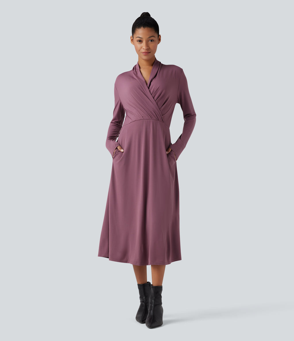 V-neck Long Sleeve Midi Work Dress with Pockets — Tulipwood — view 1