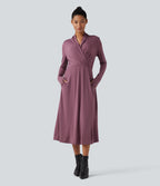 V-neck Long Sleeve Midi Work Dress with Pockets — Tulipwood — view 1