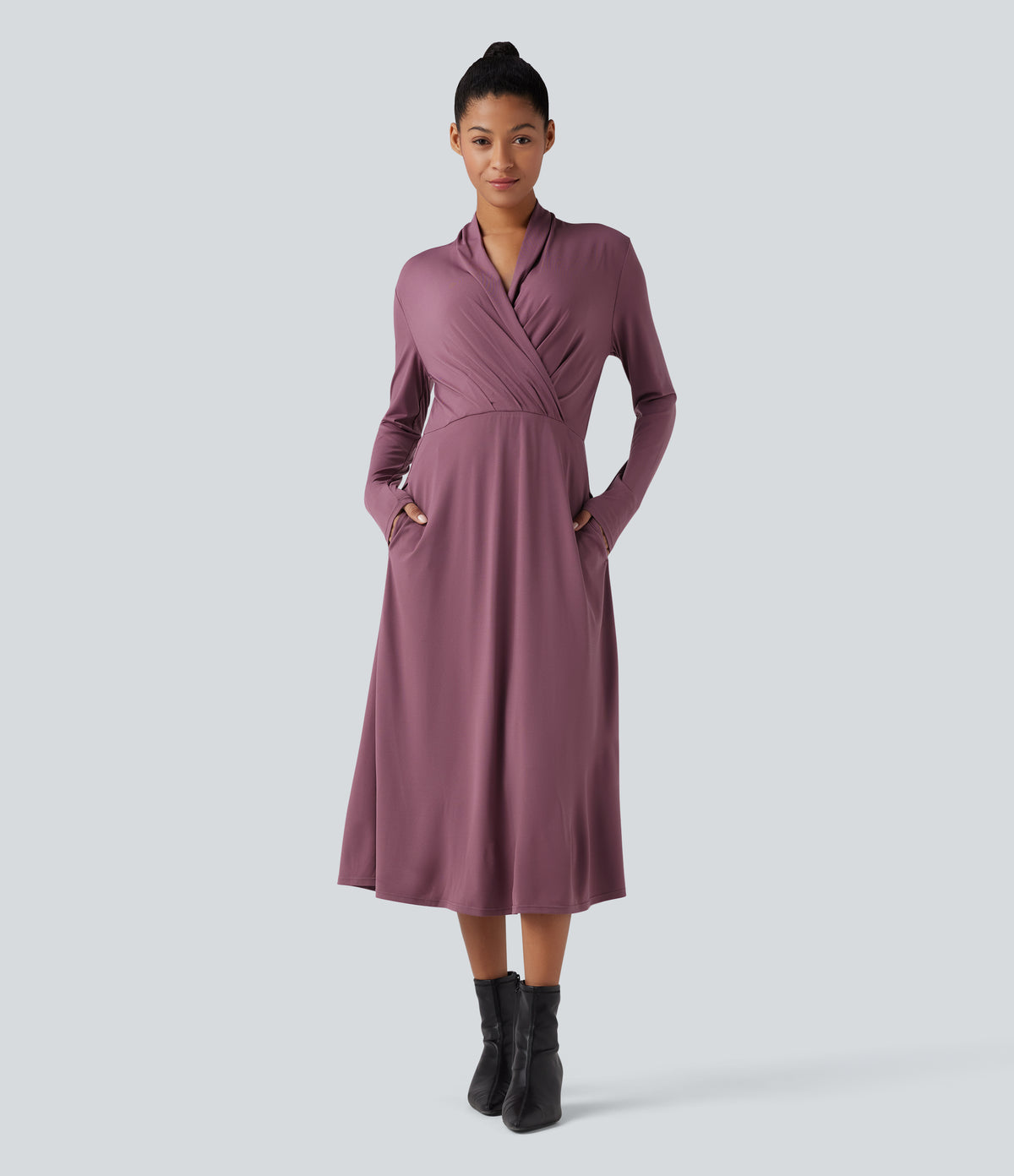 V-neck Long Sleeve Midi Work Dress with Pockets — Tulipwood — view 1