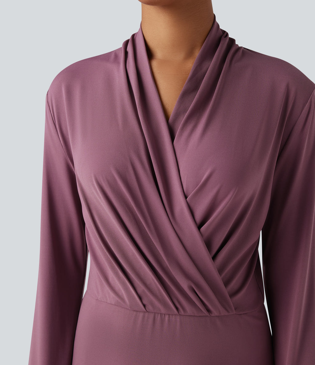 V-neck Long Sleeve Midi Work Dress with Pockets — Tulipwood — view 4