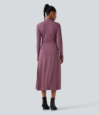 V-neck Long Sleeve Midi Work Dress with Pockets — Tulipwood — view 2