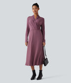 V-neck Long Sleeve Midi Work Dress with Pockets — Tulipwood — view 7
