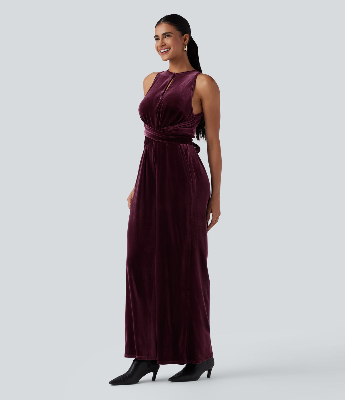 Round Neck Sleeveless Tie Back Velvet Party Jumpsuit with Pockets — Dusky purple — view 4