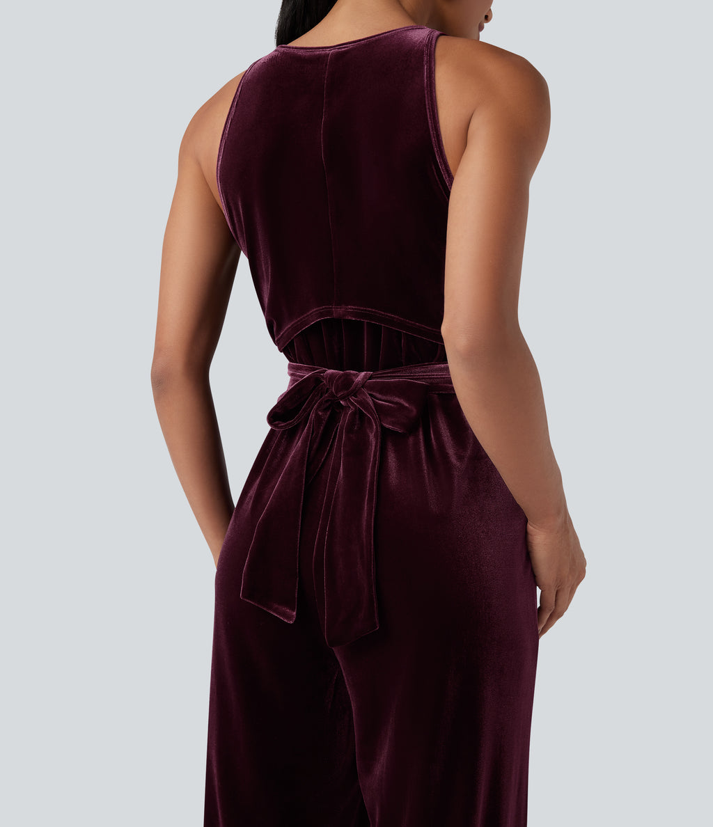 Round Neck Sleeveless Tie Back Velvet Party Jumpsuit with Pockets — Dusky purple — view 6