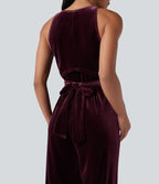 Round Neck Sleeveless Tie Back Velvet Party Jumpsuit with Pockets — Dusky purple — view 6