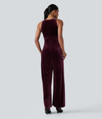 Round Neck Sleeveless Tie Back Velvet Party Jumpsuit with Pockets — Dusky purple — view 8
