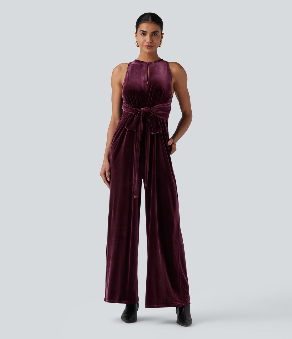 Round Neck Sleeveless Tie Back Velvet Party Jumpsuit with Pockets — Dusky purple — view 7